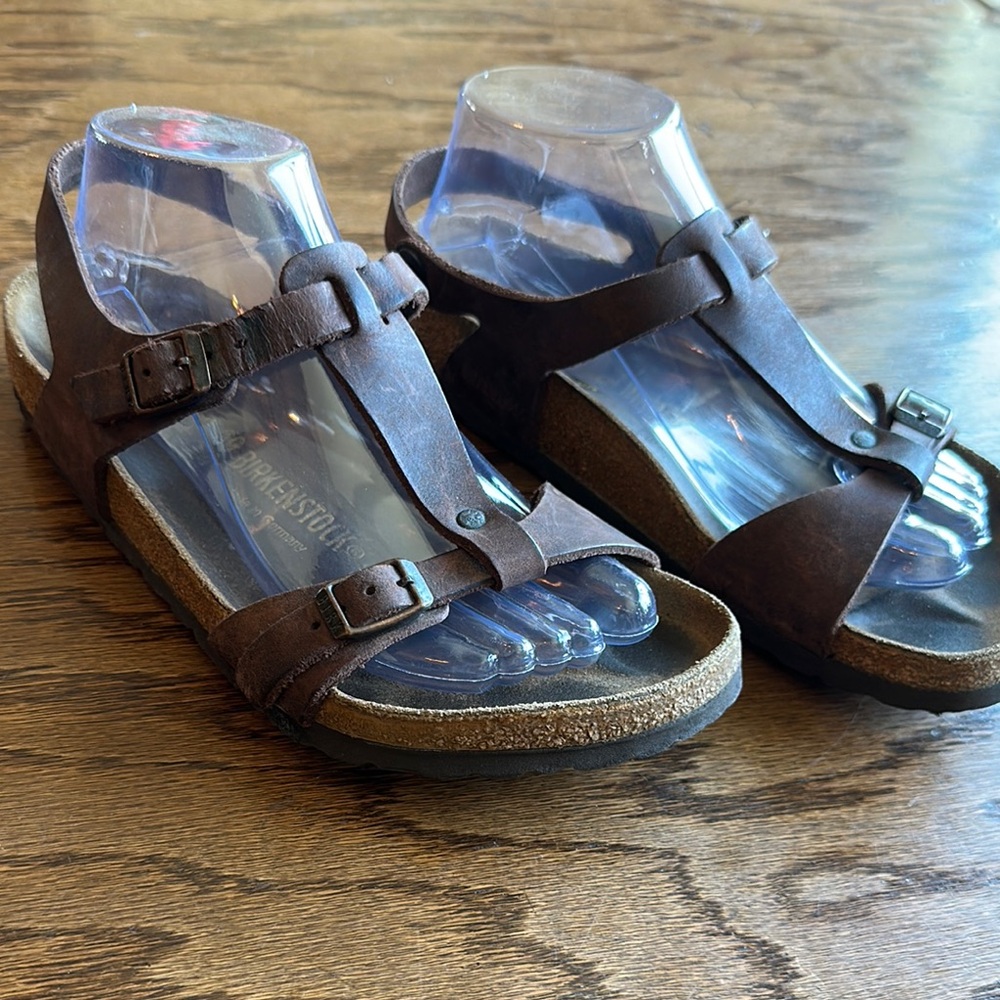 Birkenstock Brown Leather Sandals with Contoured Footbed